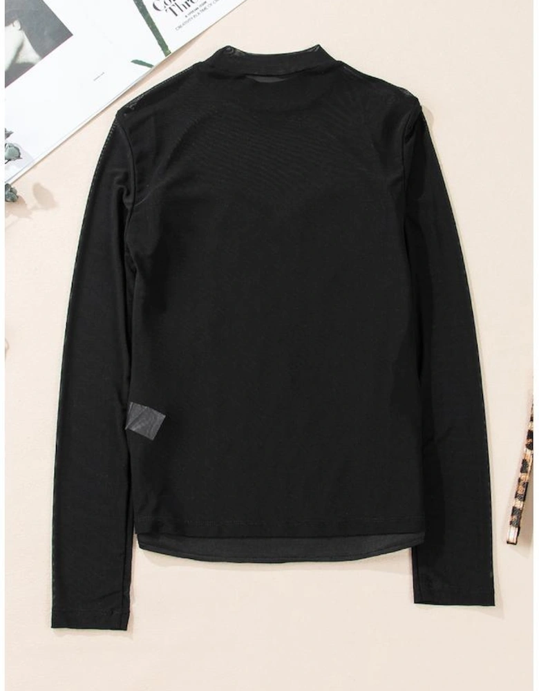 Black Sequin Velvet Sheer Mesh Mock Neck Blouse