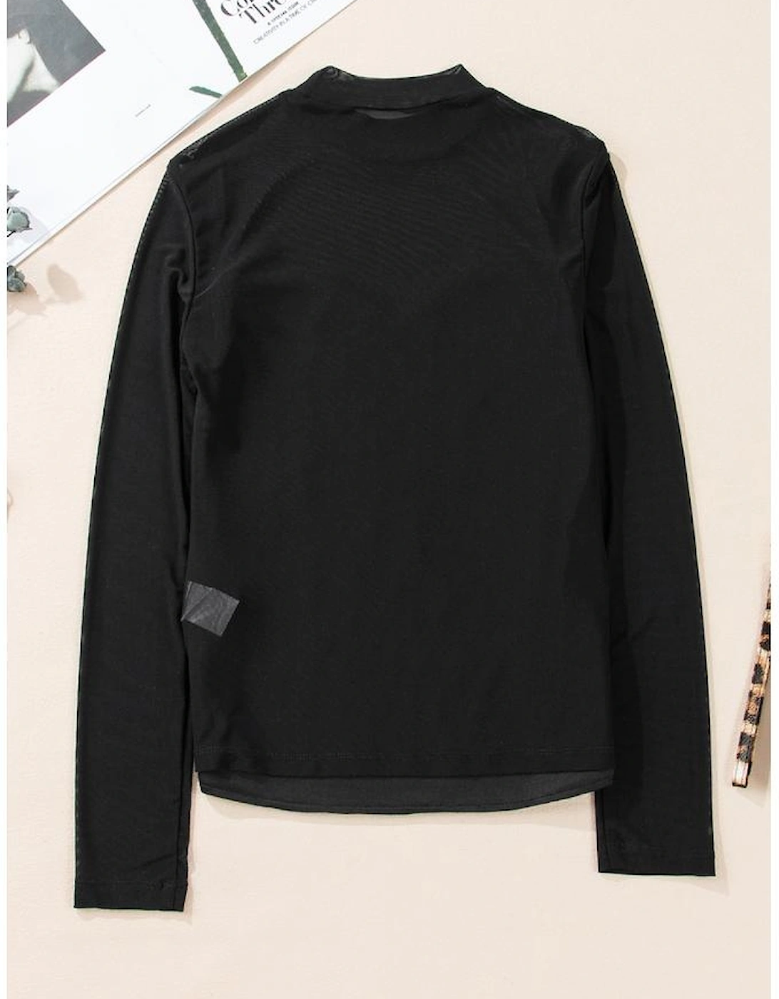 Black Sequin Velvet Sheer Mesh Mock Neck Blouse