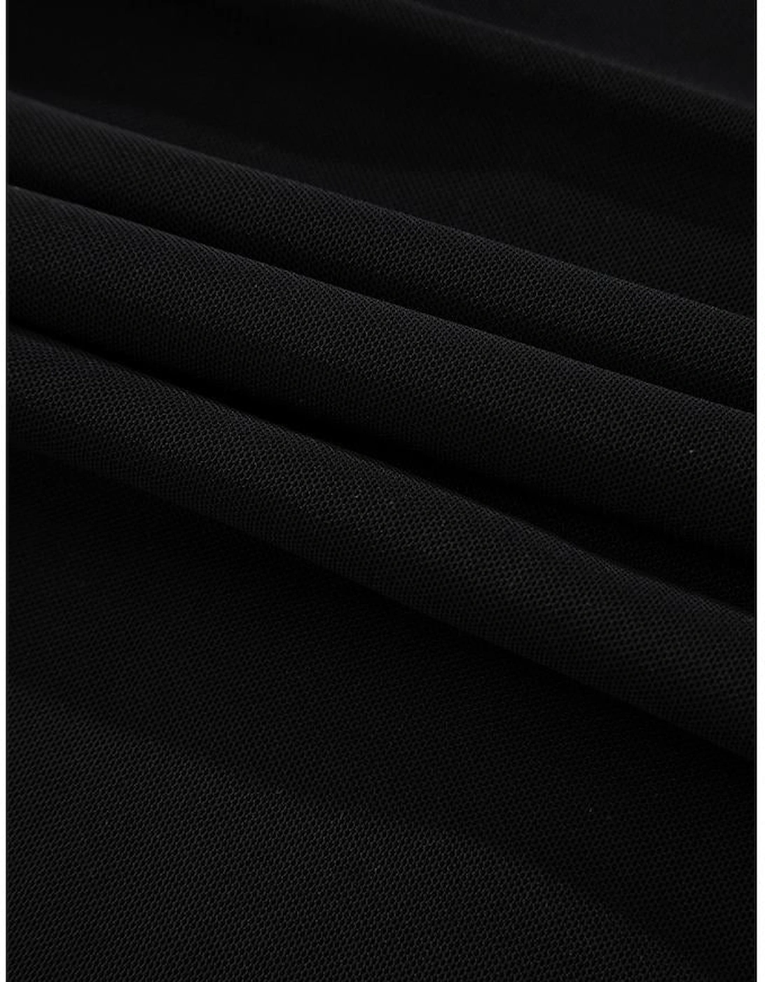 Black Sequin Velvet Sheer Mesh Mock Neck Blouse