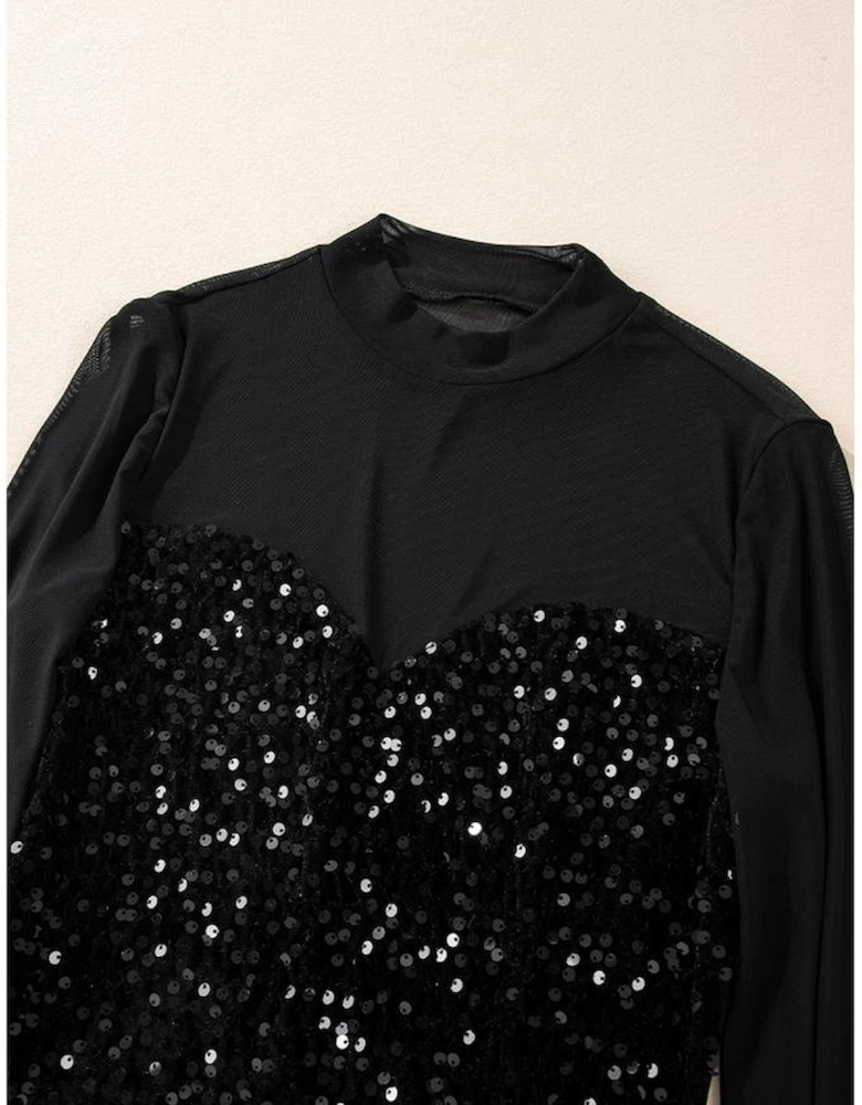 Black Sequin Velvet Sheer Mesh Mock Neck Blouse