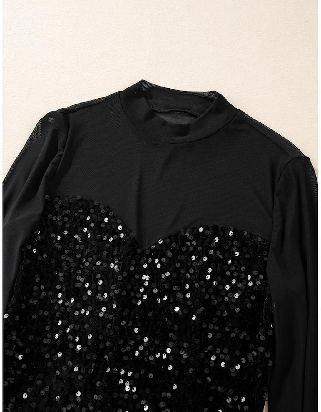 Black Sequin Velvet Sheer Mesh Mock Neck Blouse