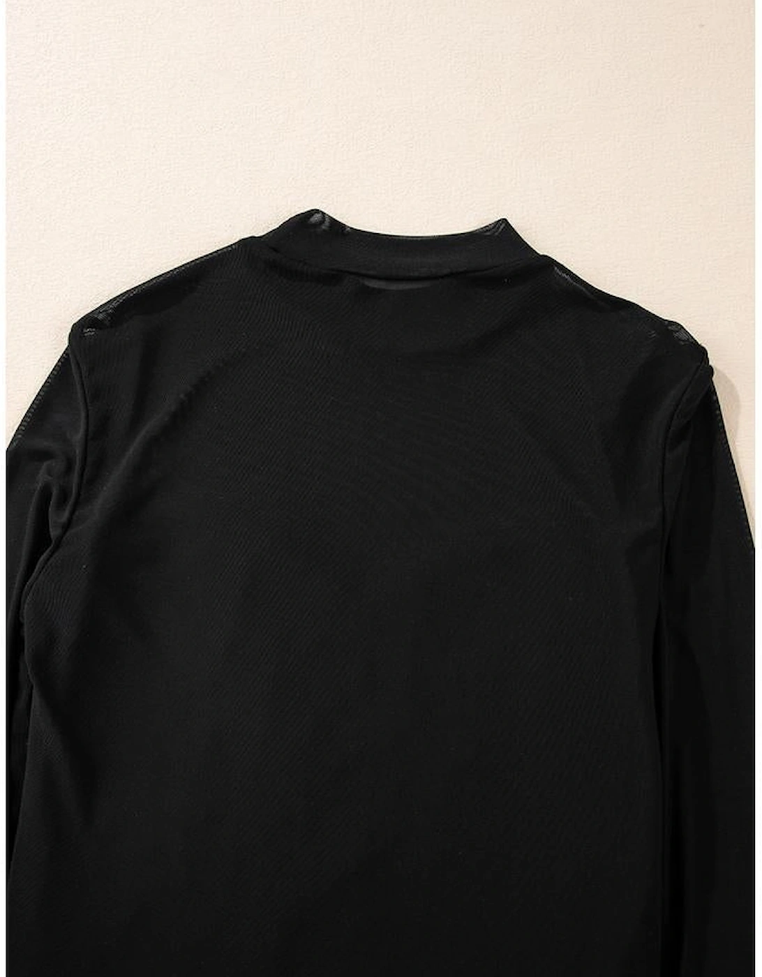 Black Sequin Velvet Sheer Mesh Mock Neck Blouse