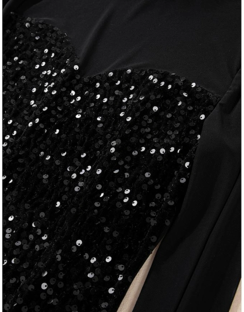 Black Sequin Velvet Sheer Mesh Mock Neck Blouse