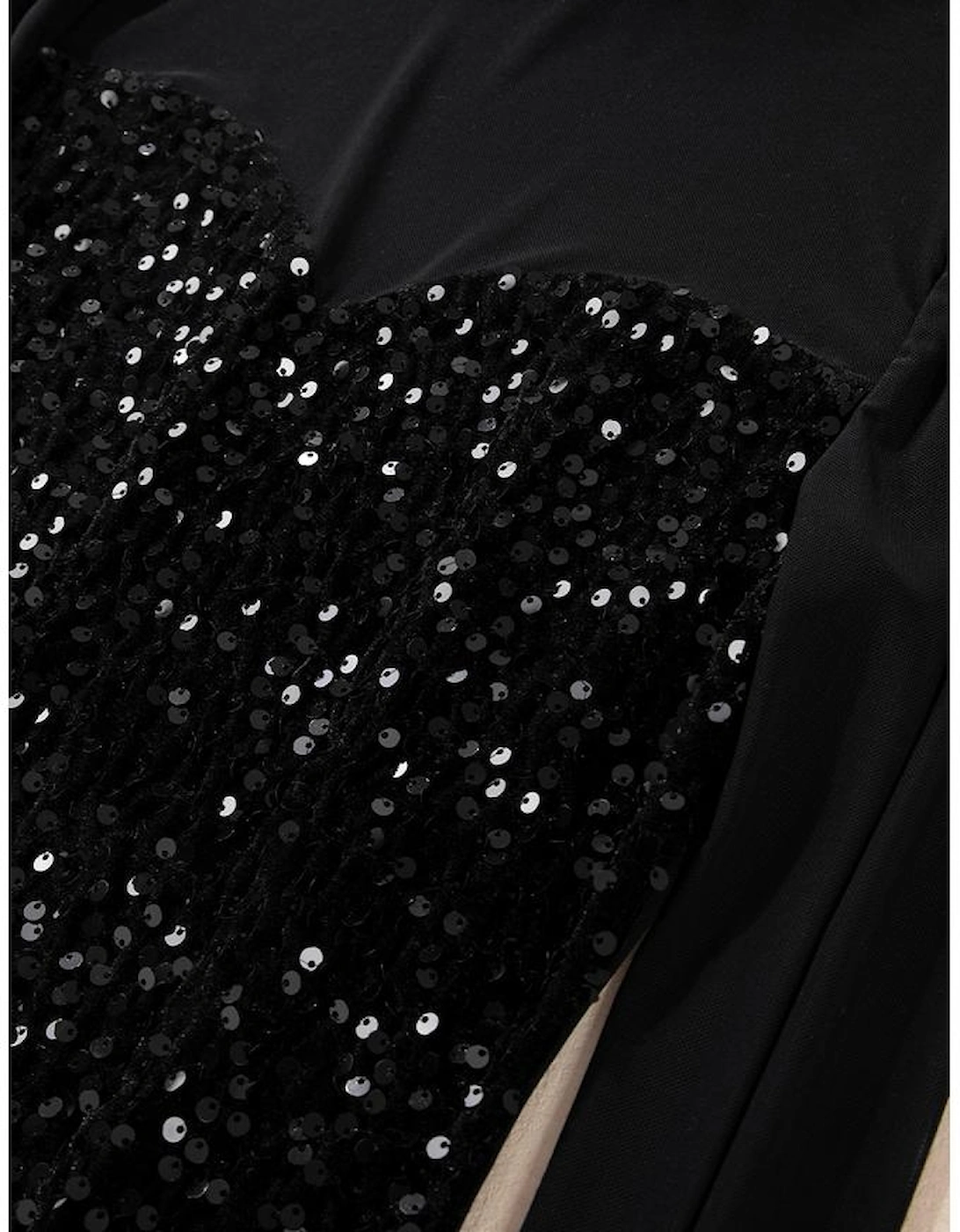 Black Sequin Velvet Sheer Mesh Mock Neck Blouse