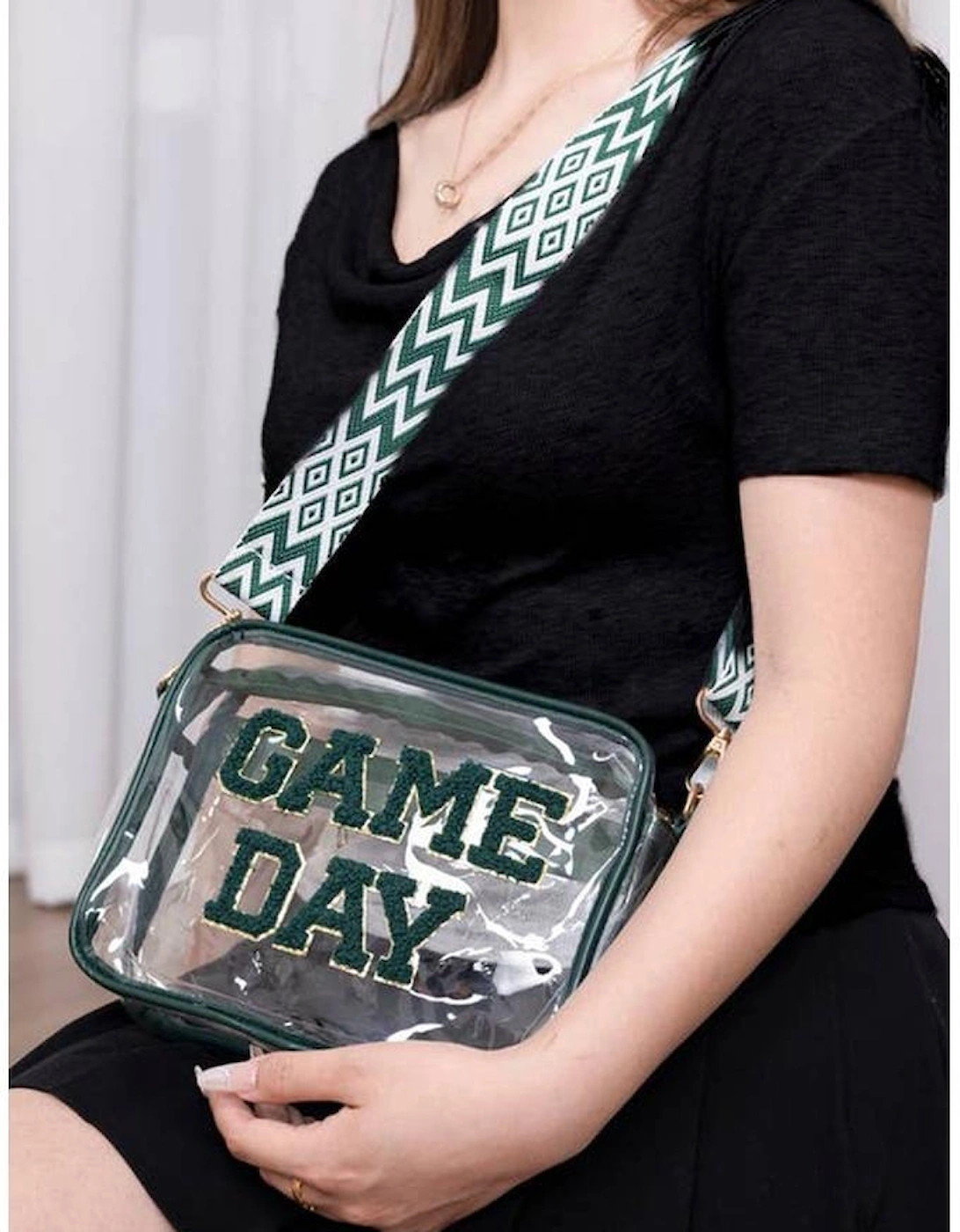 Blackish Green GAME DAY Chenille Embroidered Clear PVC Shoulder Bag