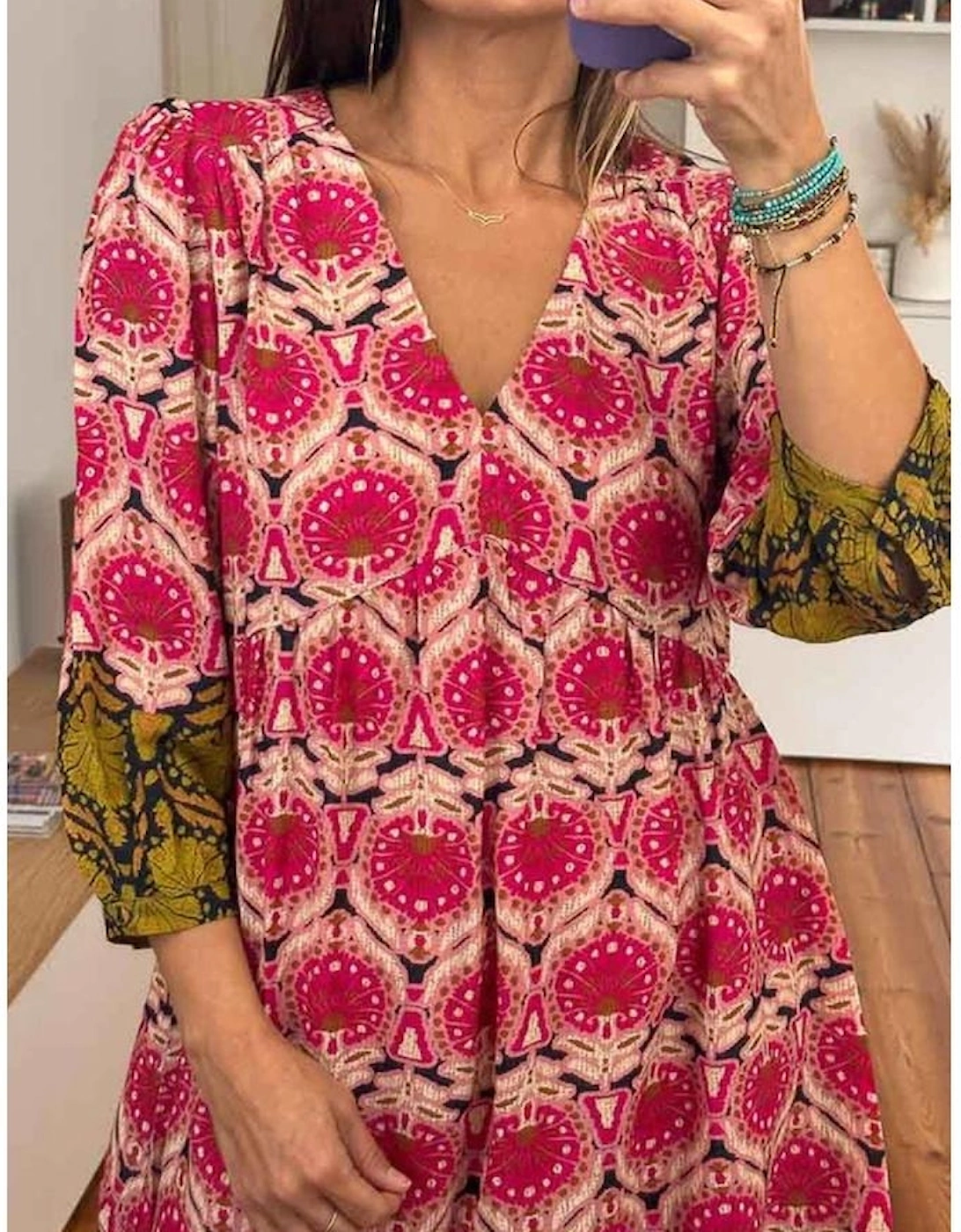 Strawberry Pink Retro Printed V Neck Bracelet Sleeve Dress