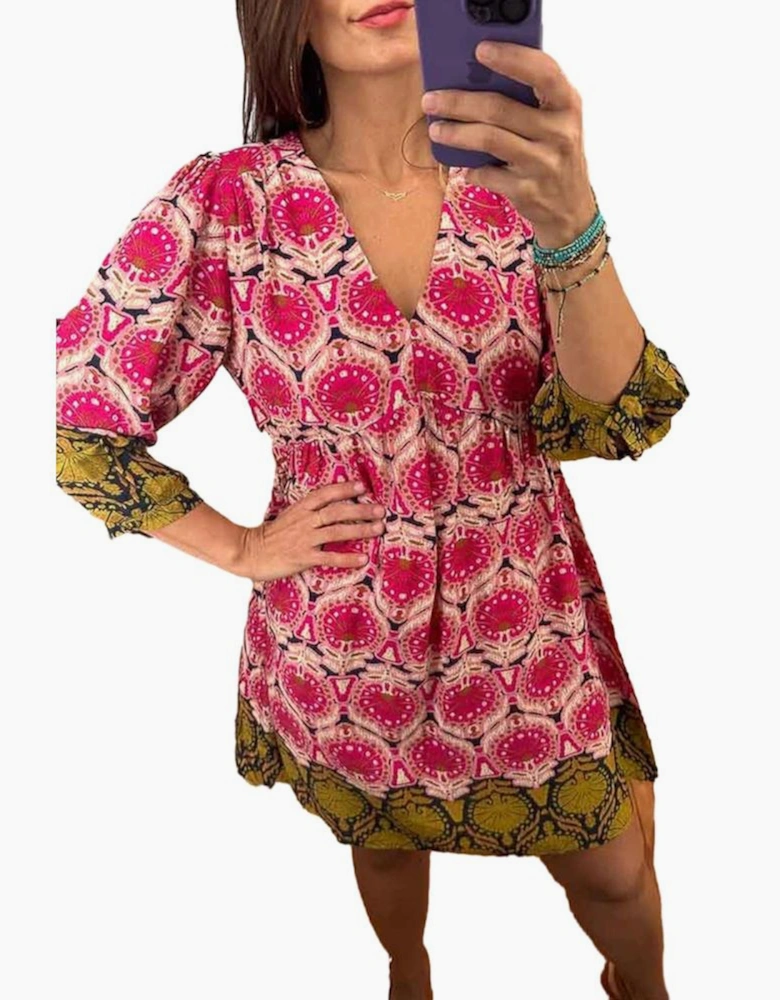 Strawberry Pink Retro Printed V Neck Bracelet Sleeve Dress