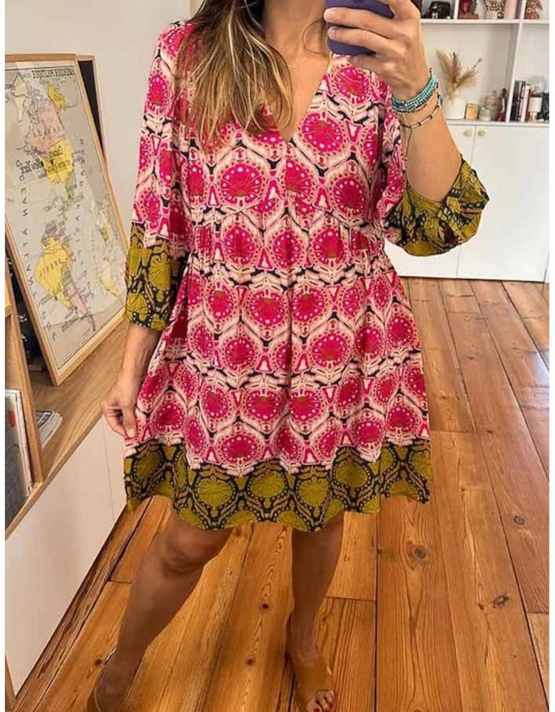 Strawberry Pink Retro Printed V Neck Bracelet Sleeve Dress
