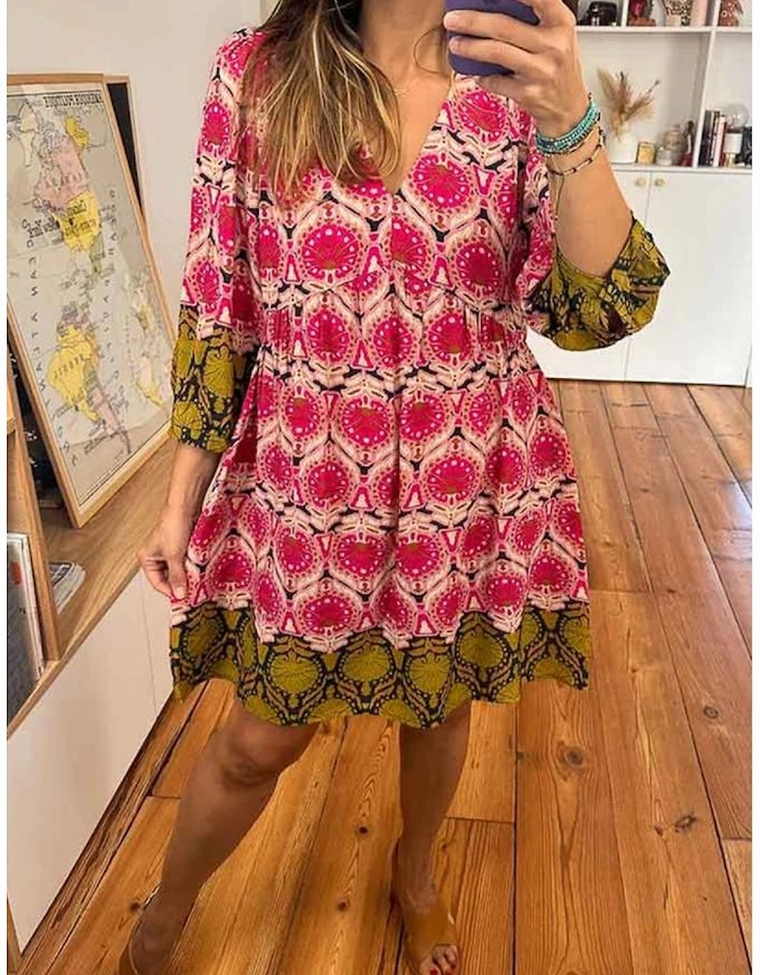 Strawberry Pink Retro Printed V Neck Bracelet Sleeve Dress