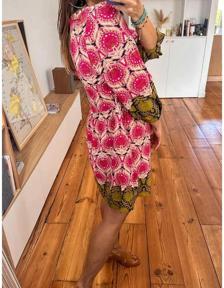 Strawberry Pink Retro Printed V Neck Bracelet Sleeve Dress