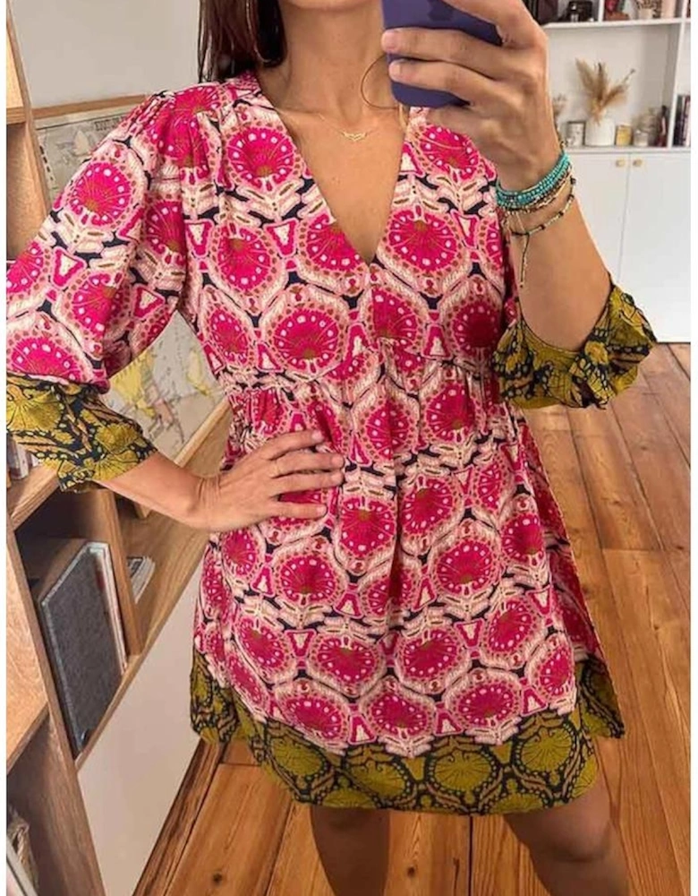 Strawberry Pink Retro Printed V Neck Bracelet Sleeve Dress