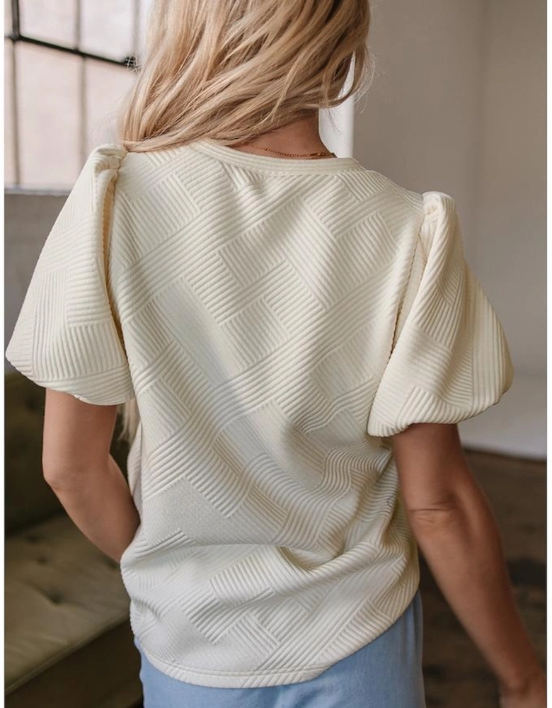 Oatmeal Textured Puff Sleeve T-shirt