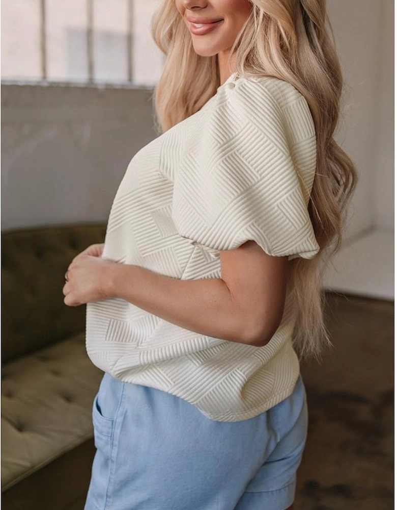 Oatmeal Textured Puff Sleeve T-shirt