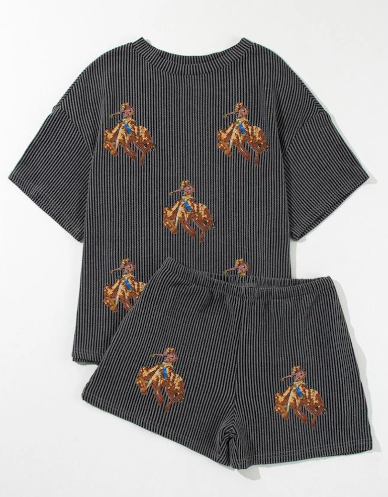 Carbon Grey Western Rodeo Graphic Patched 3D Ribbed Short 2pcs Outfit