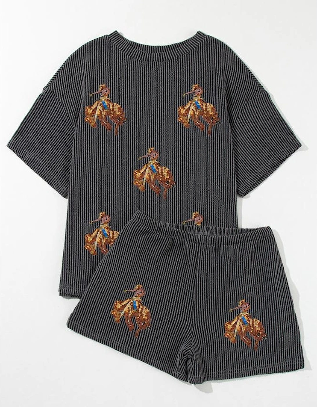 Carbon Grey Western Rodeo Graphic Patched 3D Ribbed Short 2pcs Outfit