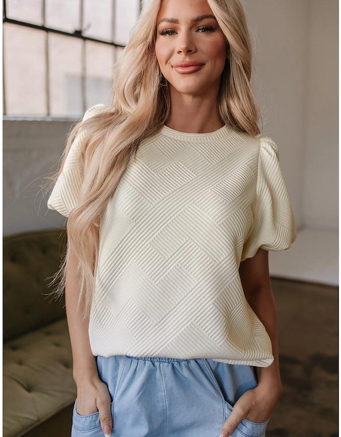 Oatmeal Textured Puff Sleeve T-shirt