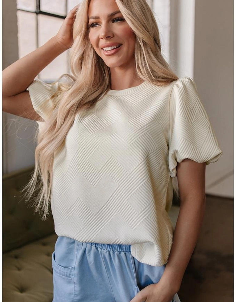 Oatmeal Textured Puff Sleeve T-shirt