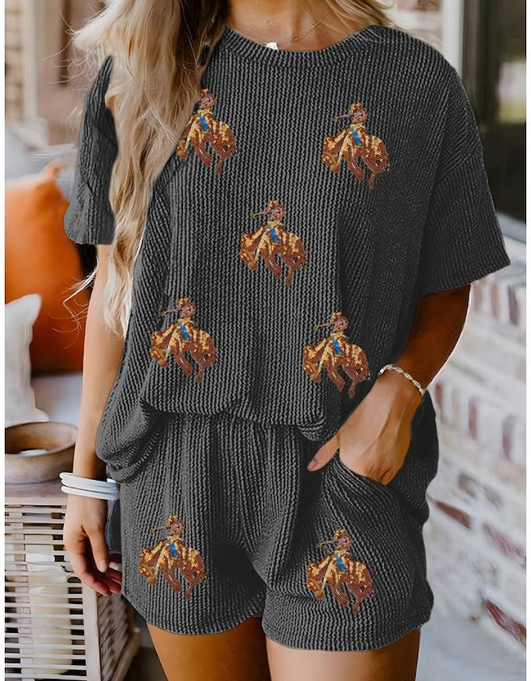 Carbon Grey Western Rodeo Graphic Patched 3D Ribbed Short 2pcs Outfit