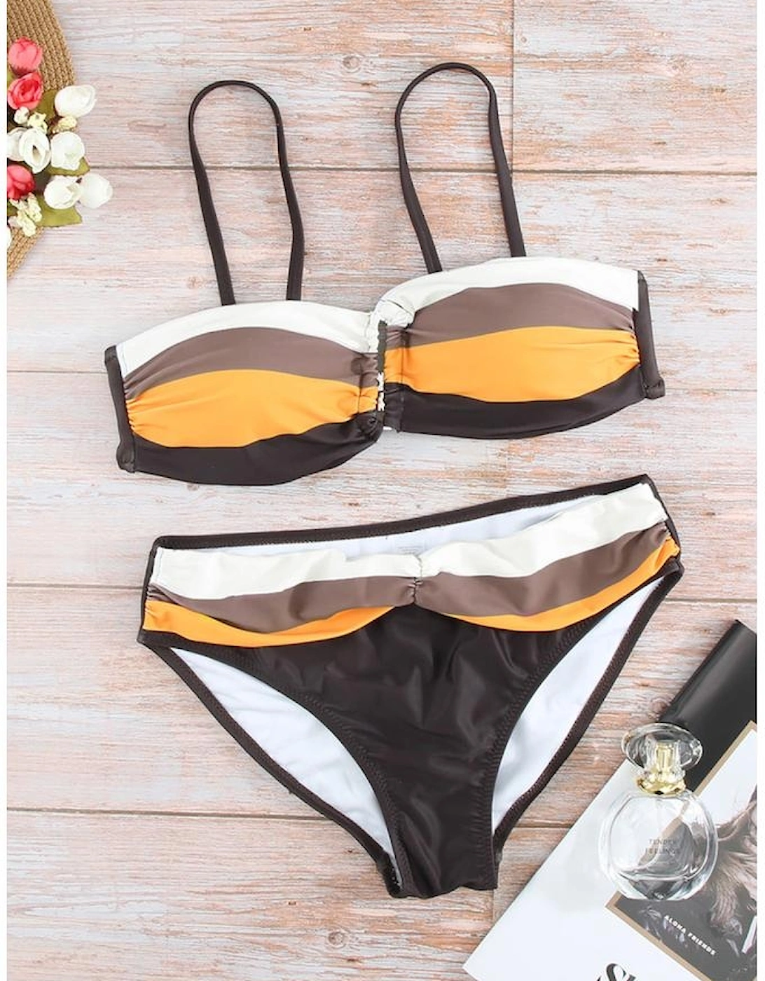 Brown Gradient Color Block Push Up Bikini Swimwear