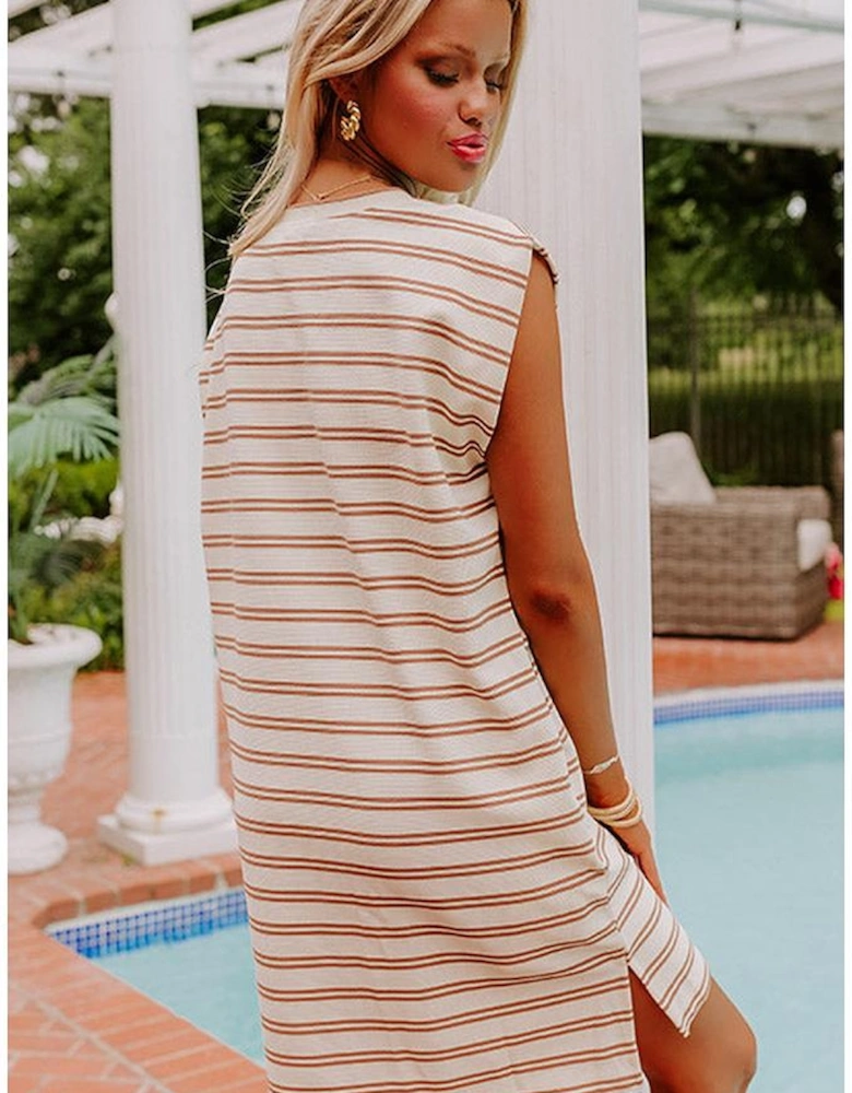 Khaki Stripe Round Neck Sleeveless Casual Pocketed Mini Dress