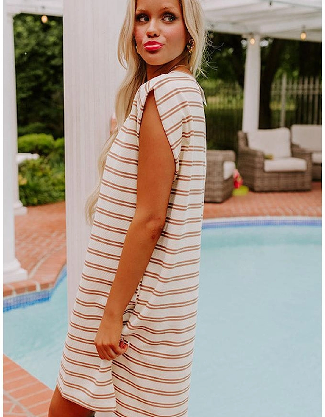 Khaki Stripe Round Neck Sleeveless Casual Pocketed Mini Dress