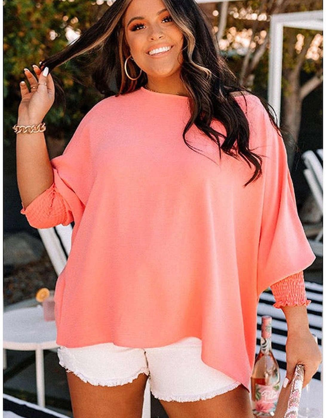 Blossom Shirred Cuffs Half Sleeve Plus Size Textured Blouse