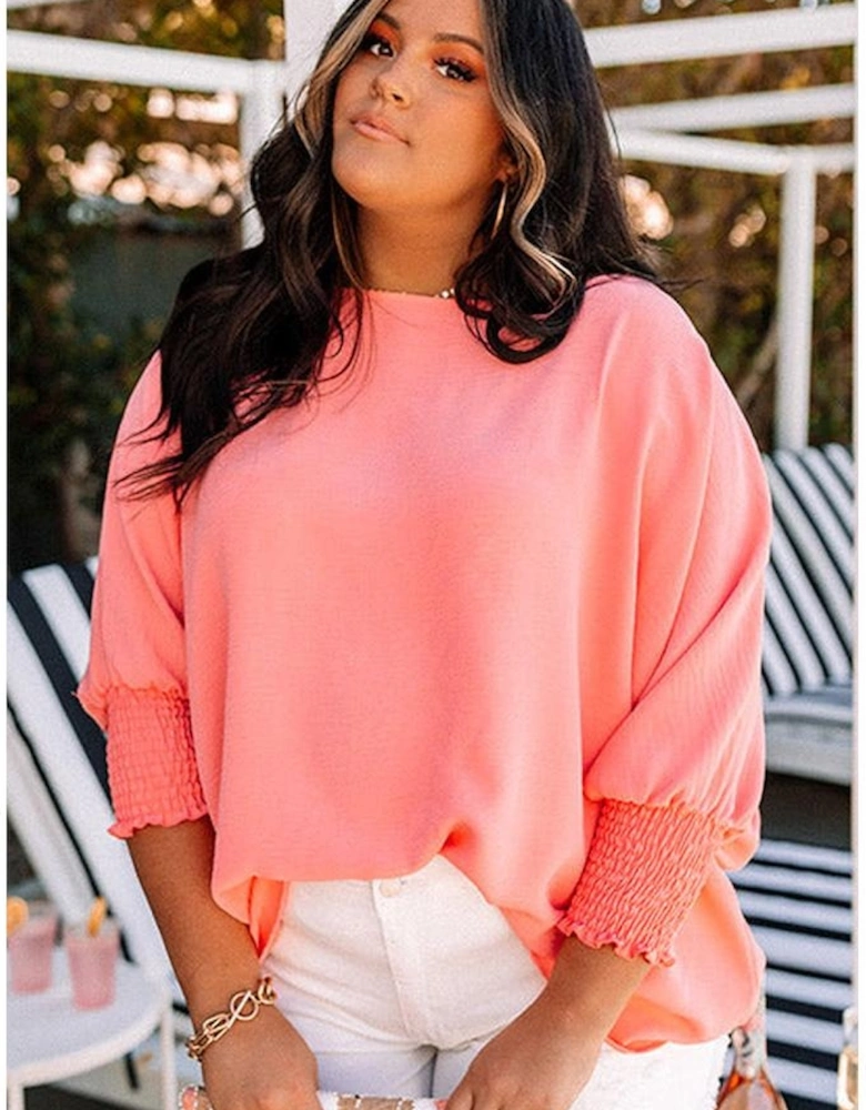 Blossom Shirred Cuffs Half Sleeve Plus Size Textured Blouse