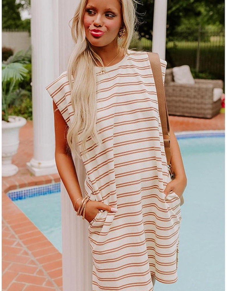 Khaki Stripe Round Neck Sleeveless Casual Pocketed Mini Dress