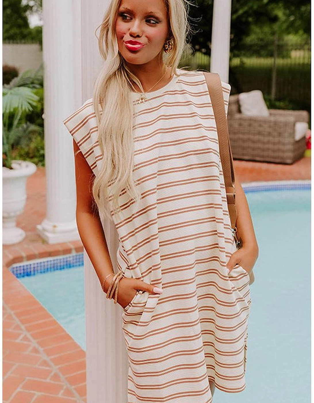 Khaki Stripe Round Neck Sleeveless Casual Pocketed Mini Dress