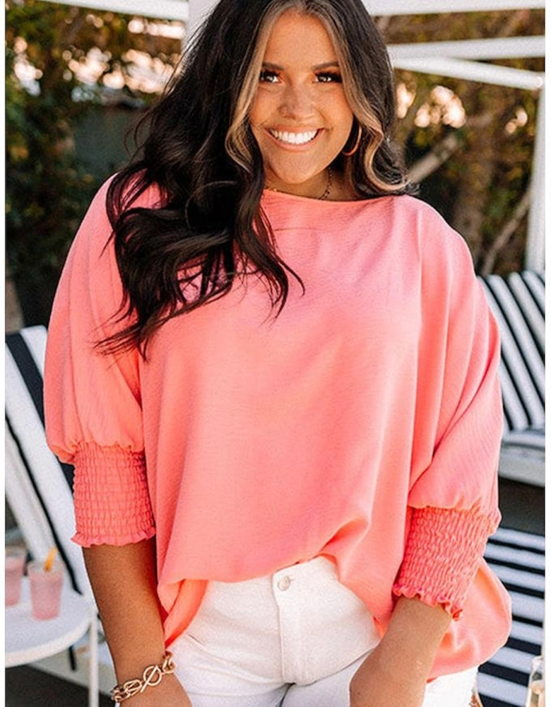 Blossom Shirred Cuffs Half Sleeve Plus Size Textured Blouse