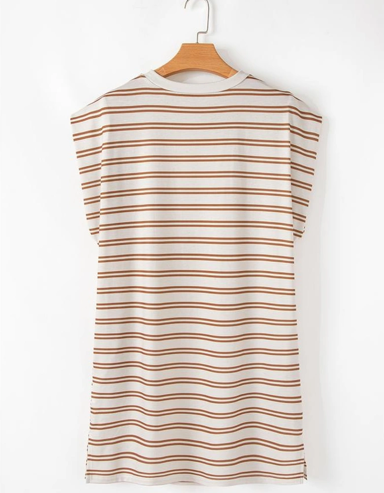 Khaki Stripe Round Neck Sleeveless Casual Pocketed Mini Dress