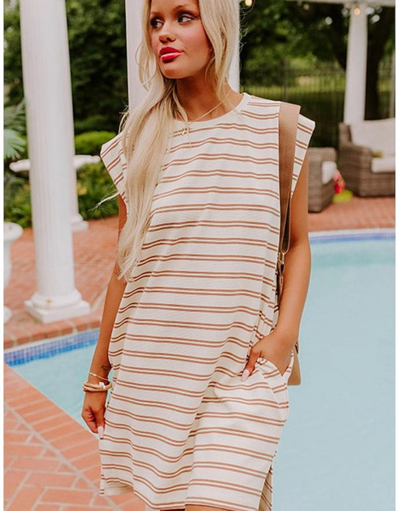 Khaki Stripe Round Neck Sleeveless Casual Pocketed Mini Dress