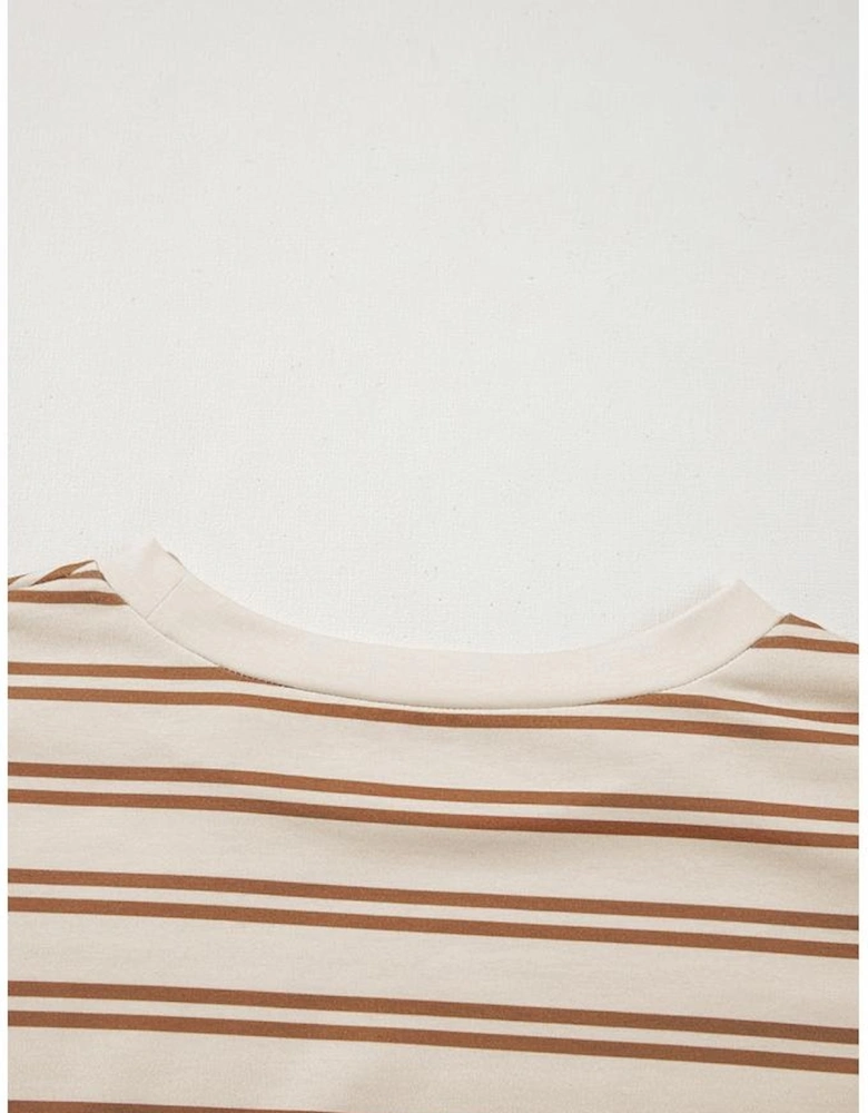 Khaki Stripe Round Neck Sleeveless Casual Pocketed Mini Dress