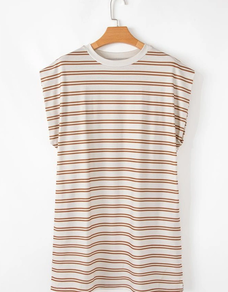 Khaki Stripe Round Neck Sleeveless Casual Pocketed Mini Dress