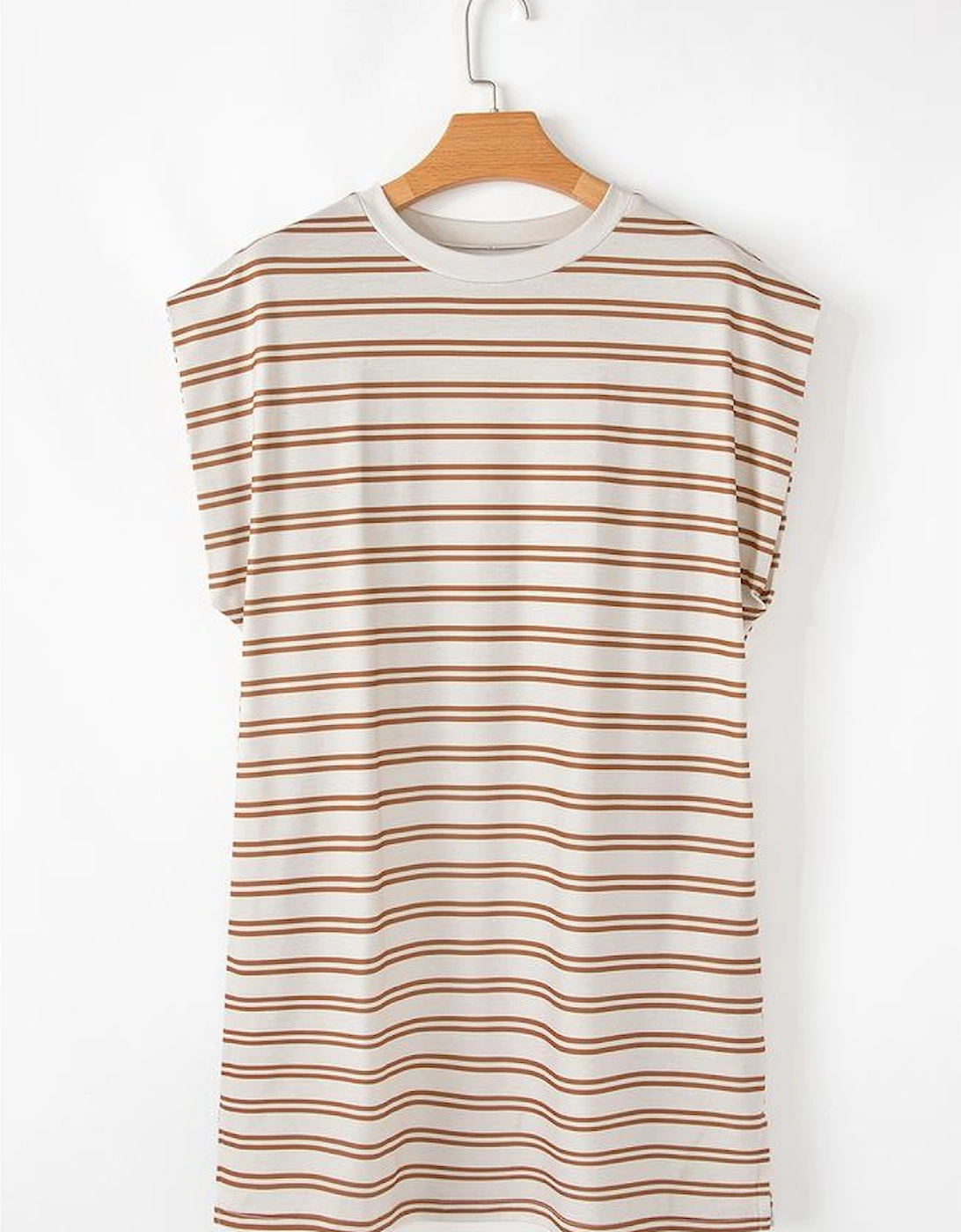 Khaki Stripe Round Neck Sleeveless Casual Pocketed Mini Dress