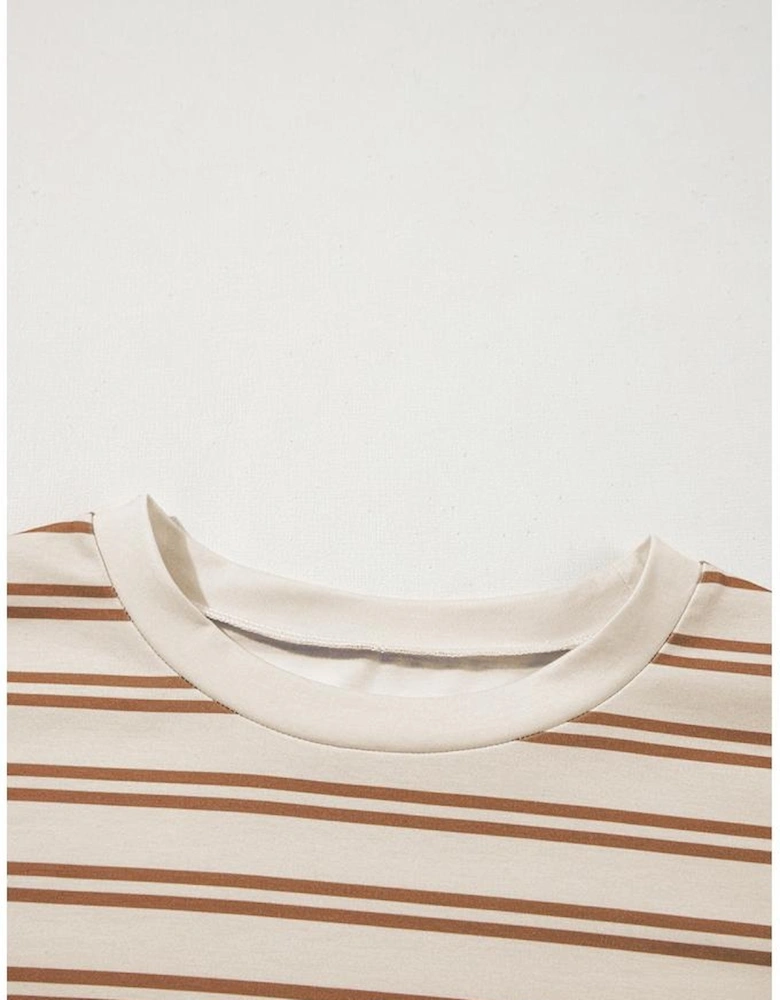 Khaki Stripe Round Neck Sleeveless Casual Pocketed Mini Dress