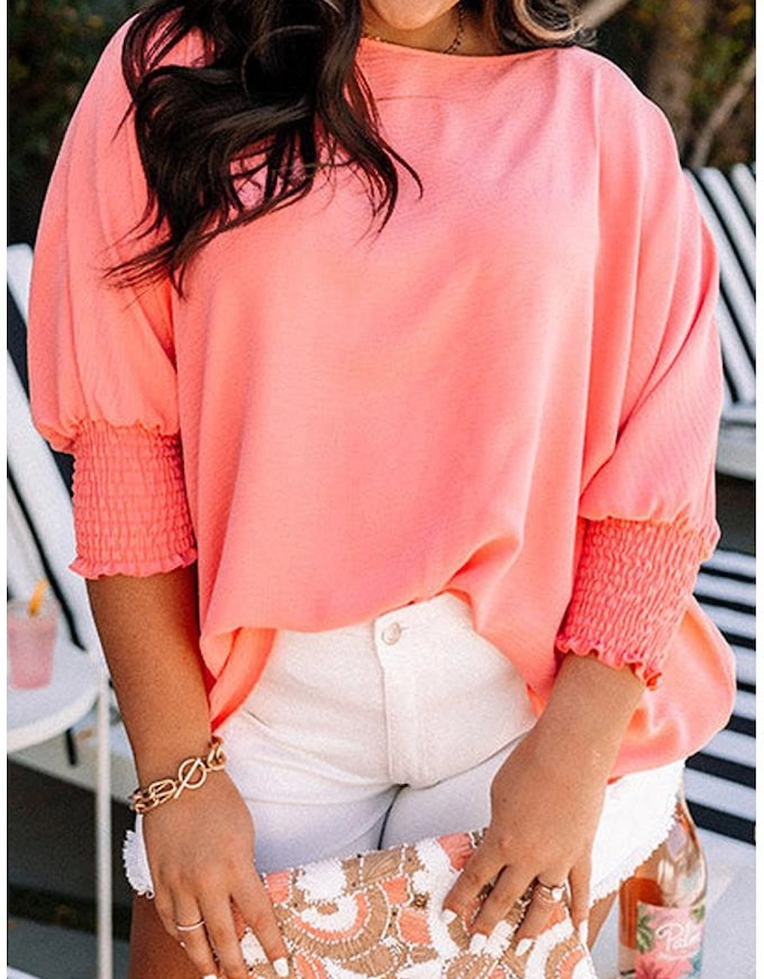 Blossom Shirred Cuffs Half Sleeve Plus Size Textured Blouse