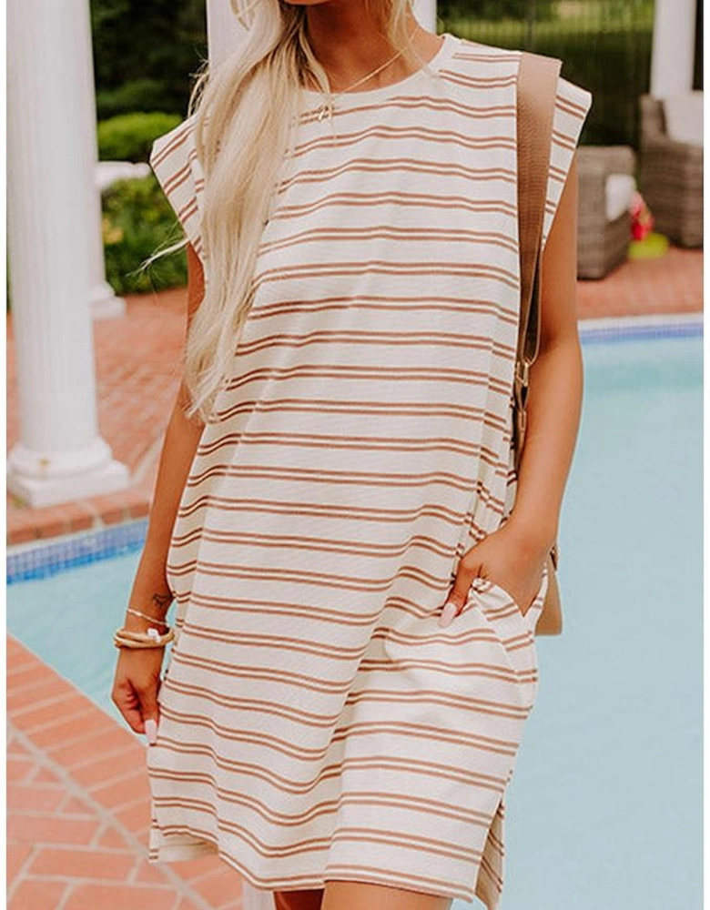 Khaki Stripe Round Neck Sleeveless Casual Pocketed Mini Dress