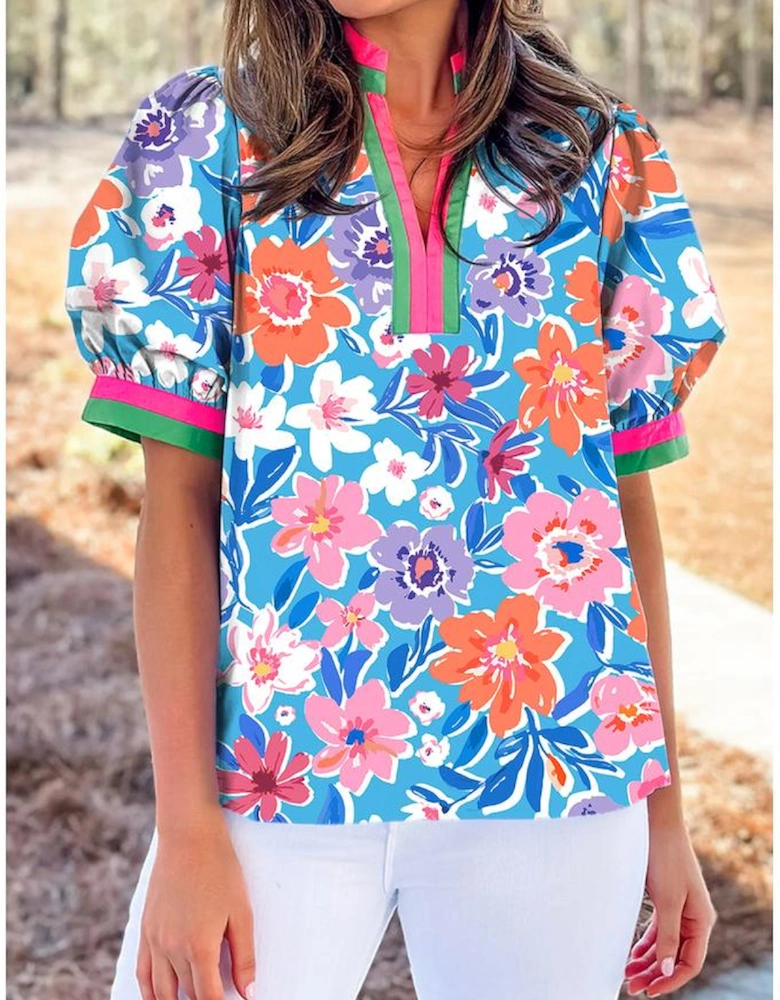 Sky Blue Floral Colorblock Edge Puff Sleeve Split Neck Blouse