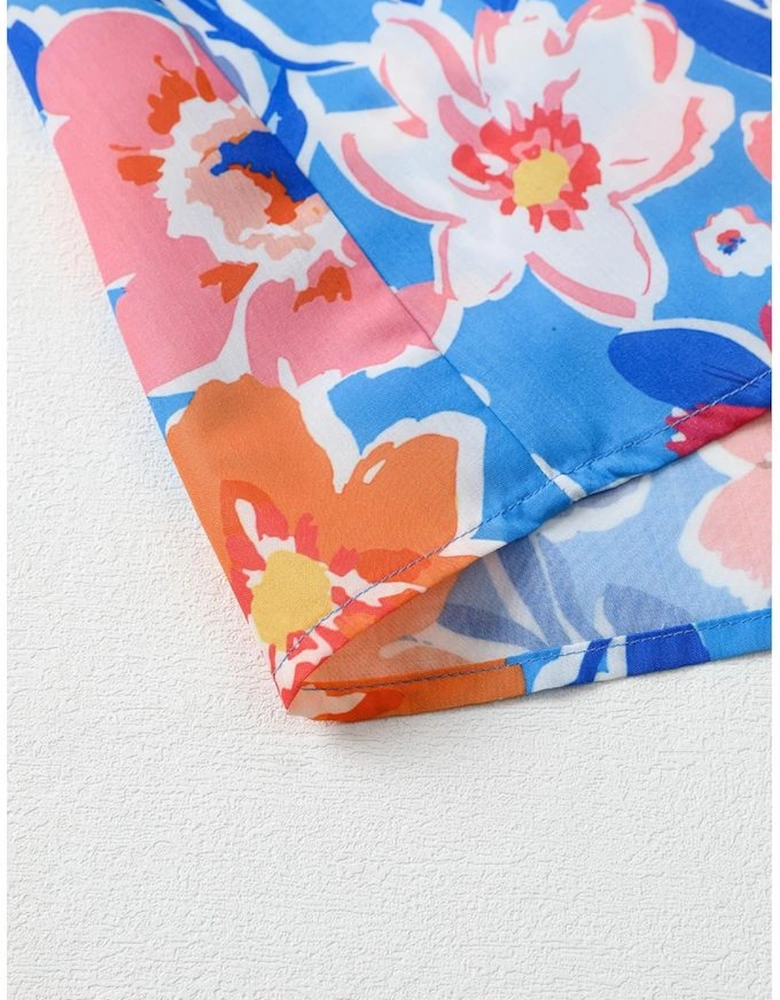 Sky Blue Floral Colorblock Edge Puff Sleeve Split Neck Blouse