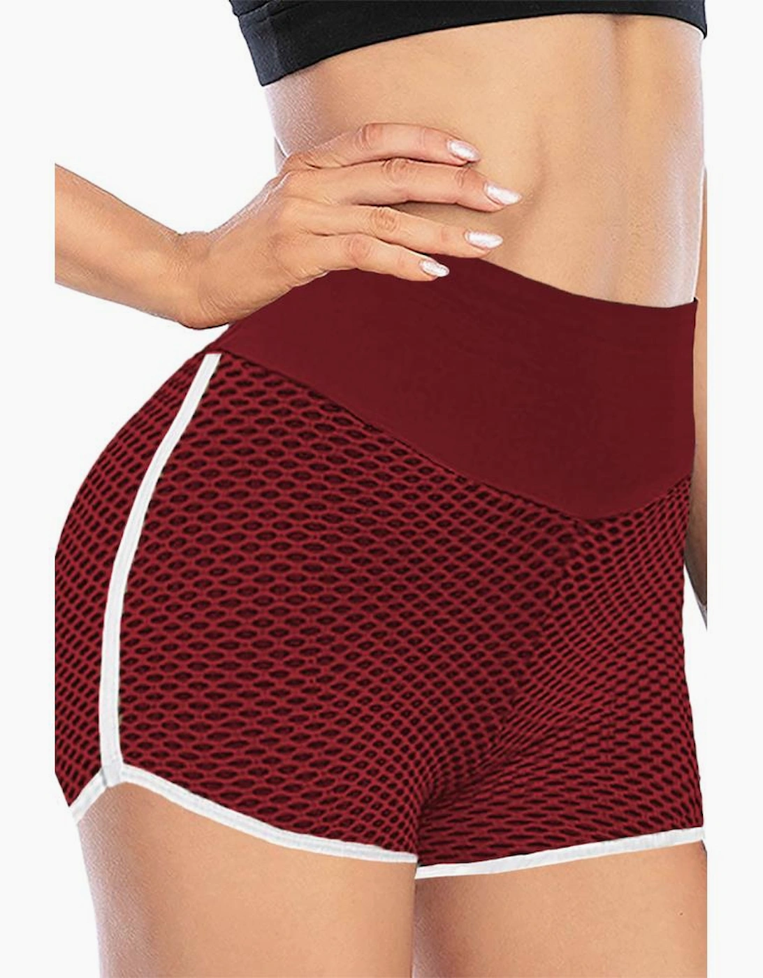 Burgundy High Waist Honeycomb Contrast Stripes Butt Lifting Yoga Shorts