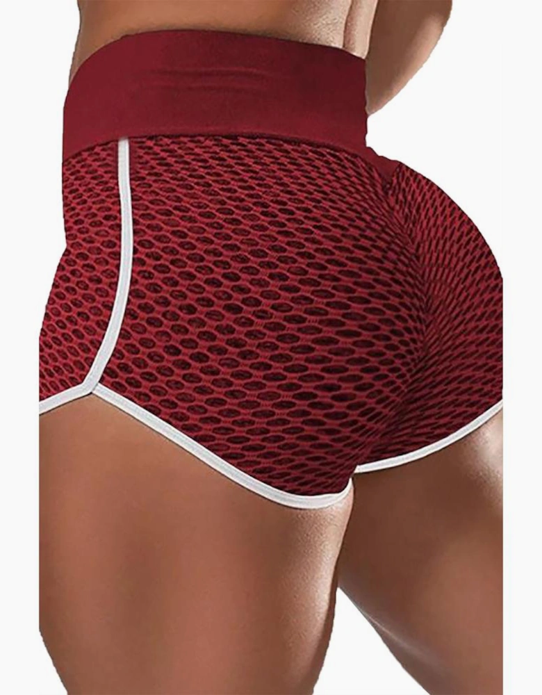 Burgundy High Waist Honeycomb Contrast Stripes Butt Lifting Yoga Shorts