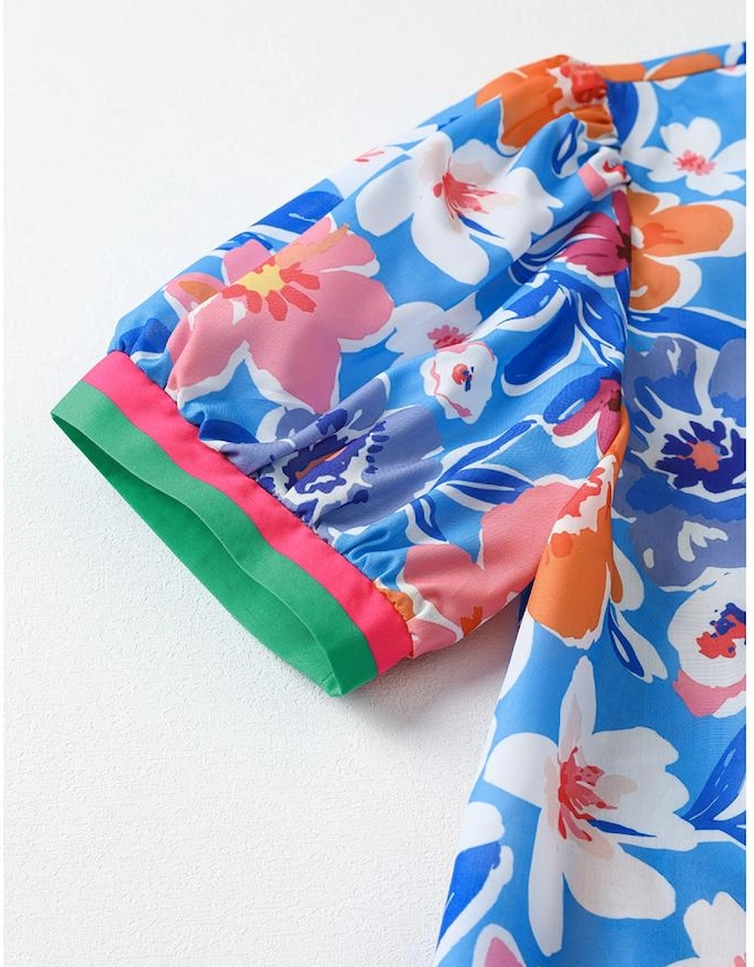 Sky Blue Floral Colorblock Edge Puff Sleeve Split Neck Blouse