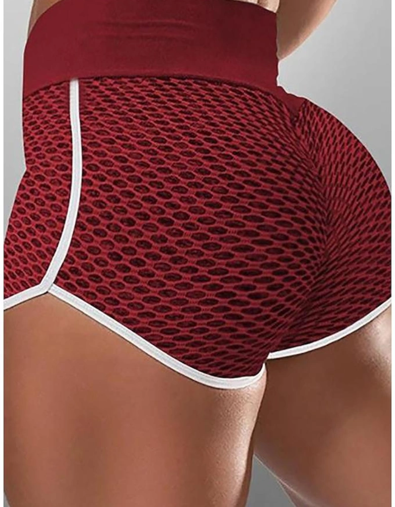 Burgundy High Waist Honeycomb Contrast Stripes Butt Lifting Yoga Shorts