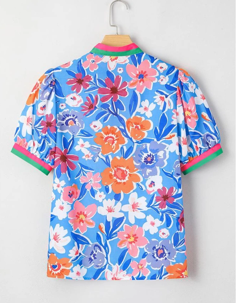 Sky Blue Floral Colorblock Edge Puff Sleeve Split Neck Blouse