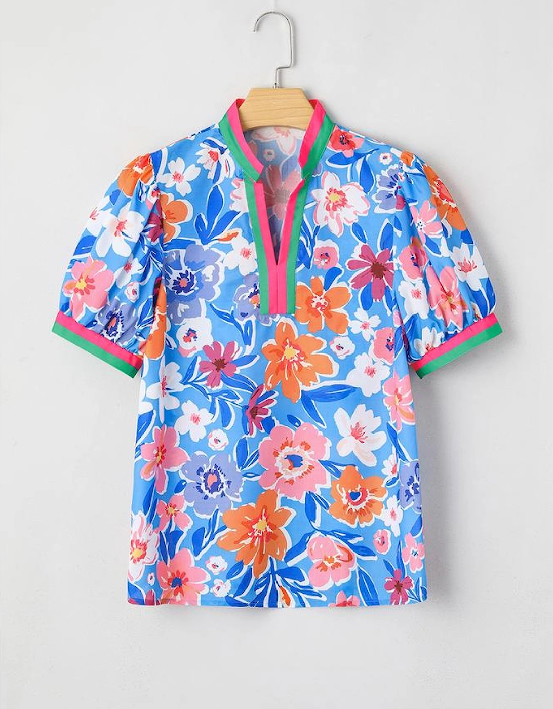 Sky Blue Floral Colorblock Edge Puff Sleeve Split Neck Blouse