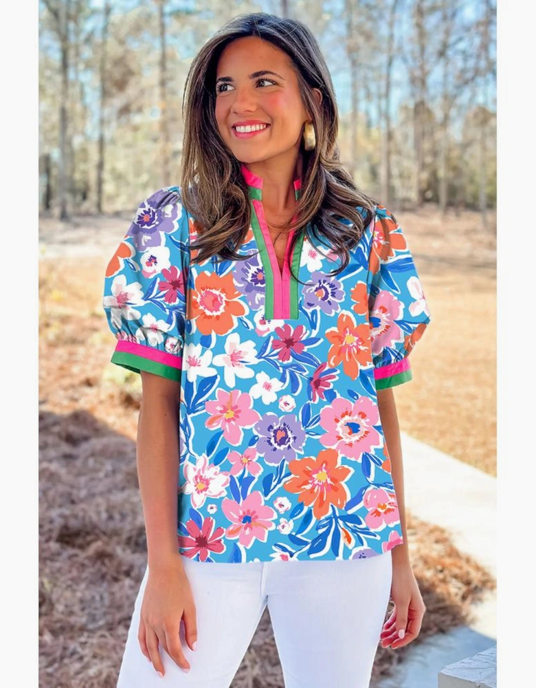 Sky Blue Floral Colorblock Edge Puff Sleeve Split Neck Blouse