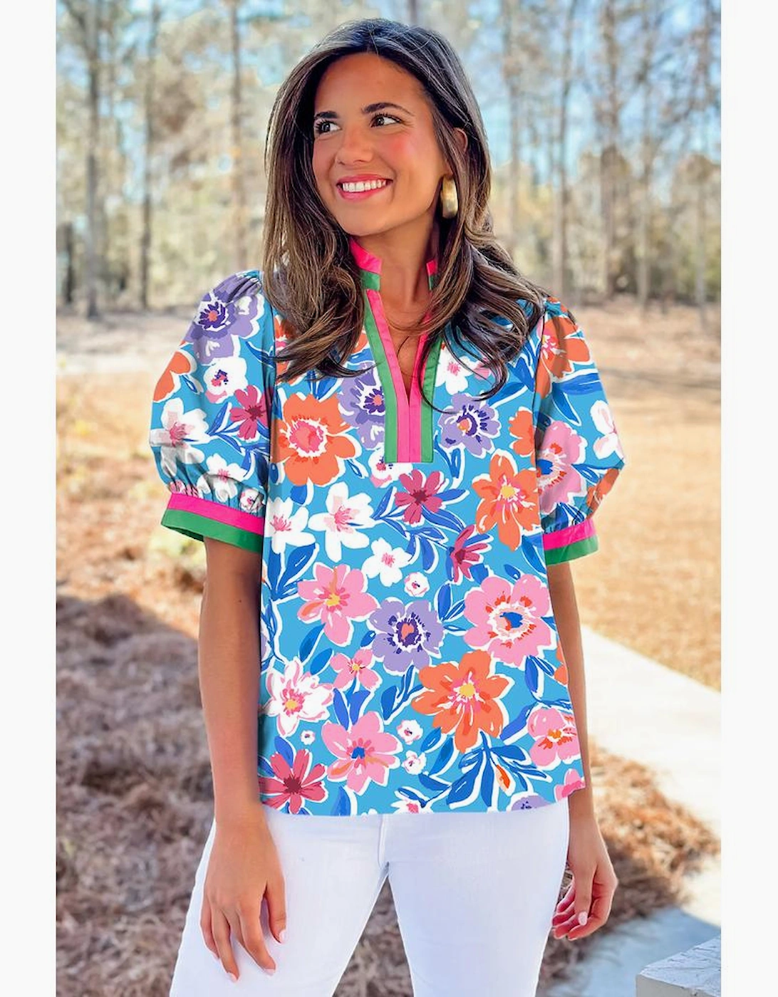 Sky Blue Floral Colorblock Edge Puff Sleeve Split Neck Blouse, 10 of 9