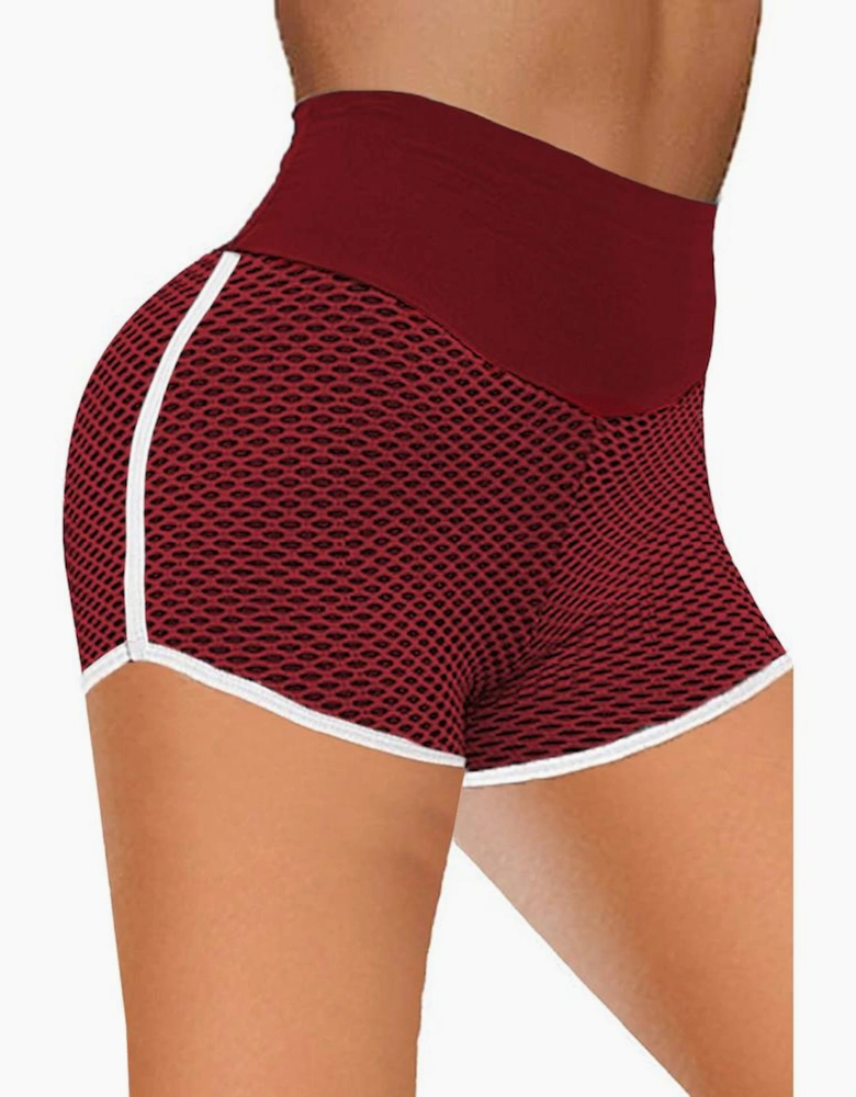 Burgundy High Waist Honeycomb Contrast Stripes Butt Lifting Yoga Shorts