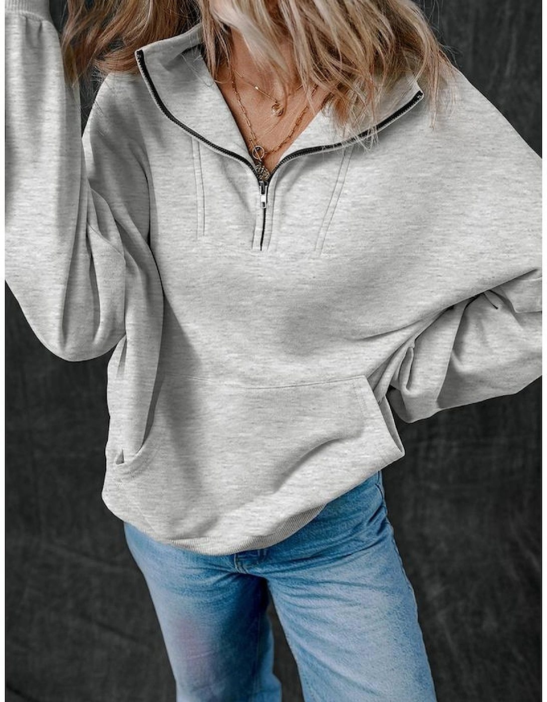 Light Grey Zip-up Stand Neck Kangaroo Pocket Sweatshirt